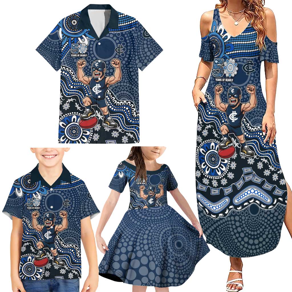 Personalized Carlton Blues Football Mascot Family Matching Summer Maxi Dress and Hawaiian Shirt Aboriginal Dot Art Style Vibrant Indigenous Pattern Design