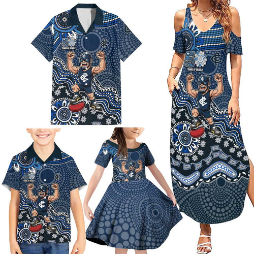 Personalized Carlton Blues Football Mascot Family Matching Summer Maxi Dress and Hawaiian Shirt Aboriginal Dot Art Style Vibrant Indigenous Pattern Design