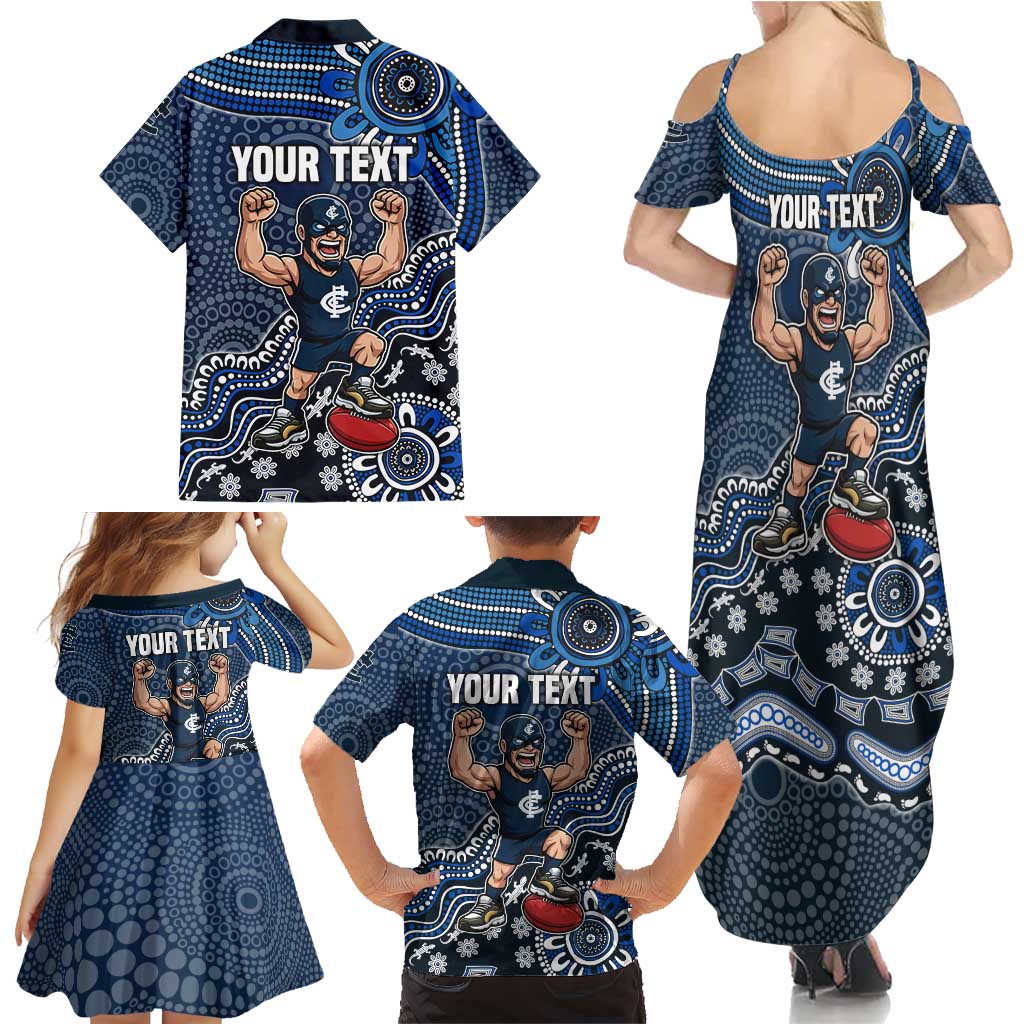 Personalized Carlton Blues Football Mascot Family Matching Summer Maxi Dress and Hawaiian Shirt Aboriginal Dot Art Style Vibrant Indigenous Pattern Design
