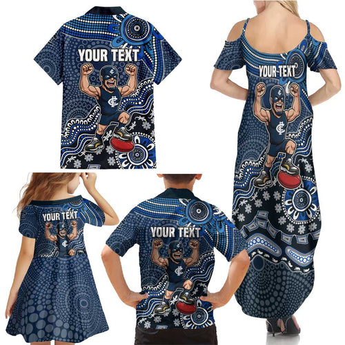 Personalized Carlton Blues Football Mascot Family Matching Summer Maxi Dress and Hawaiian Shirt Aboriginal Dot Art Style Vibrant Indigenous Pattern Design