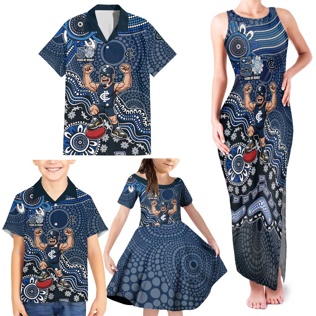 Personalized Carlton Blues Football Mascot Family Matching Tank Maxi Dress and Hawaiian Shirt Aboriginal Dot Art Style Vibrant Indigenous Pattern Design