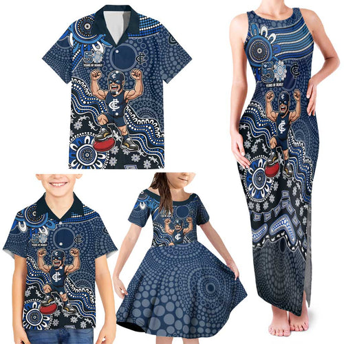 Personalized Carlton Blues Football Mascot Family Matching Tank Maxi Dress and Hawaiian Shirt Aboriginal Dot Art Style Vibrant Indigenous Pattern Design