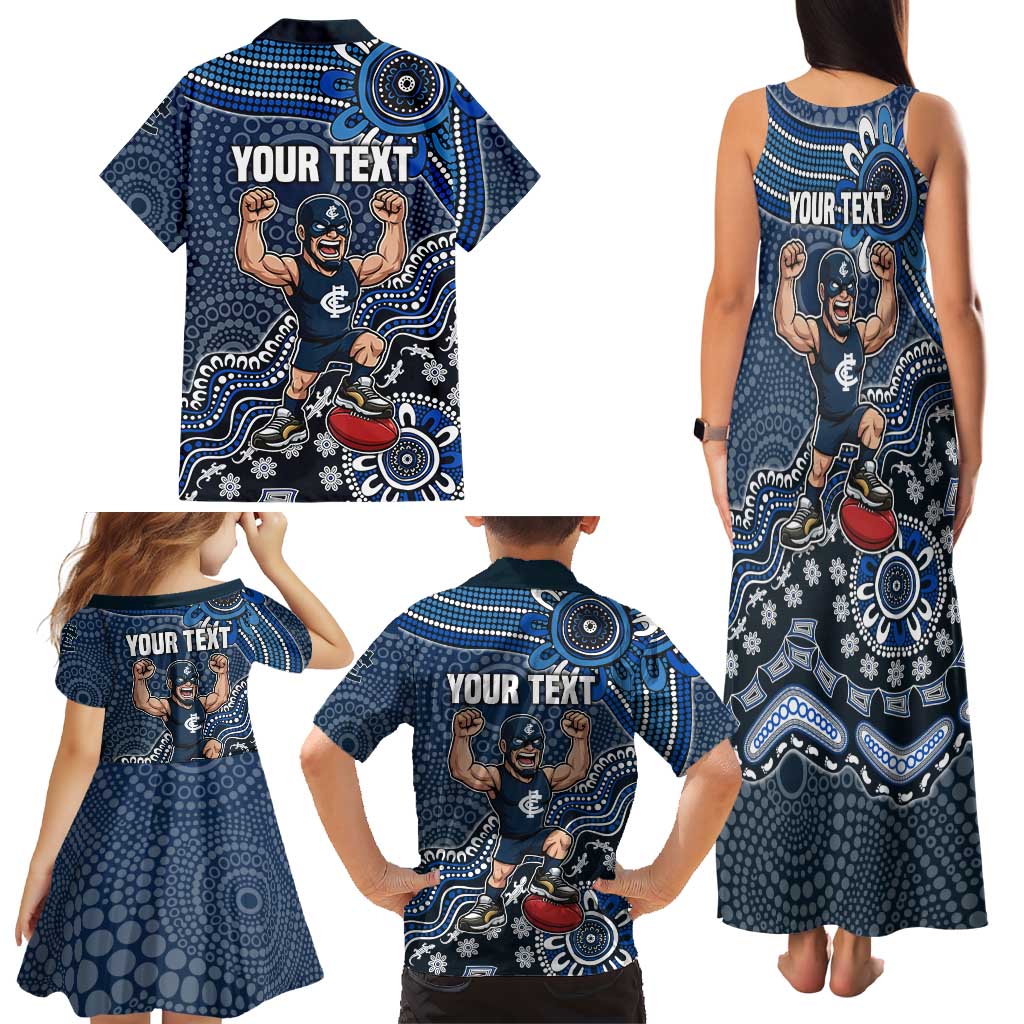Personalized Carlton Blues Football Mascot Family Matching Tank Maxi Dress and Hawaiian Shirt Aboriginal Dot Art Style Vibrant Indigenous Pattern Design