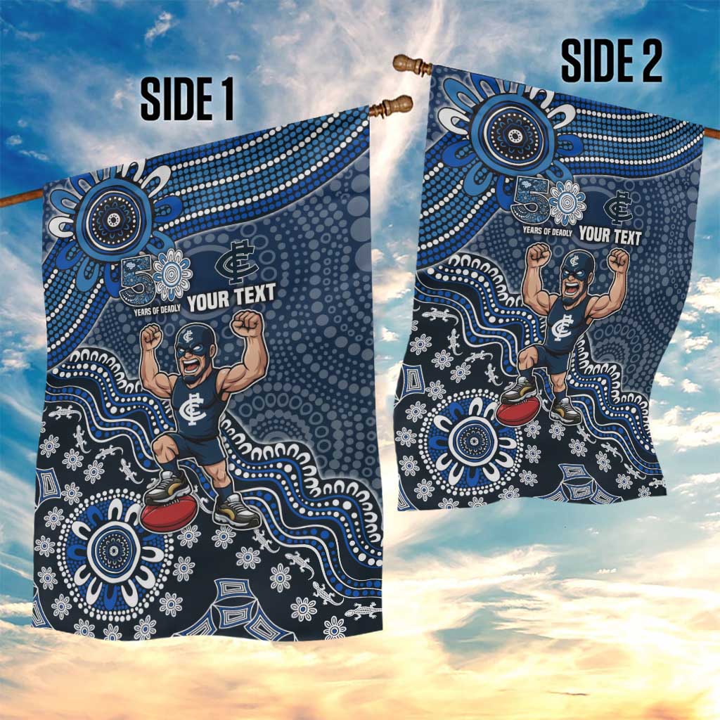 Personalized Carlton Blues Football Mascot Garden Flag Aboriginal Dot Art Style Vibrant Indigenous Pattern Design