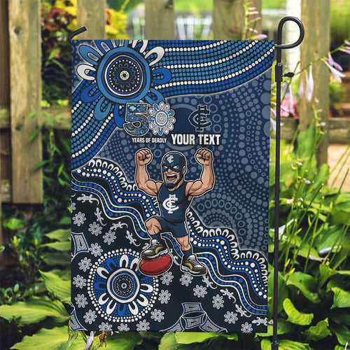 Personalized Carlton Blues Football Mascot Garden Flag Aboriginal Dot Art Style Vibrant Indigenous Pattern Design