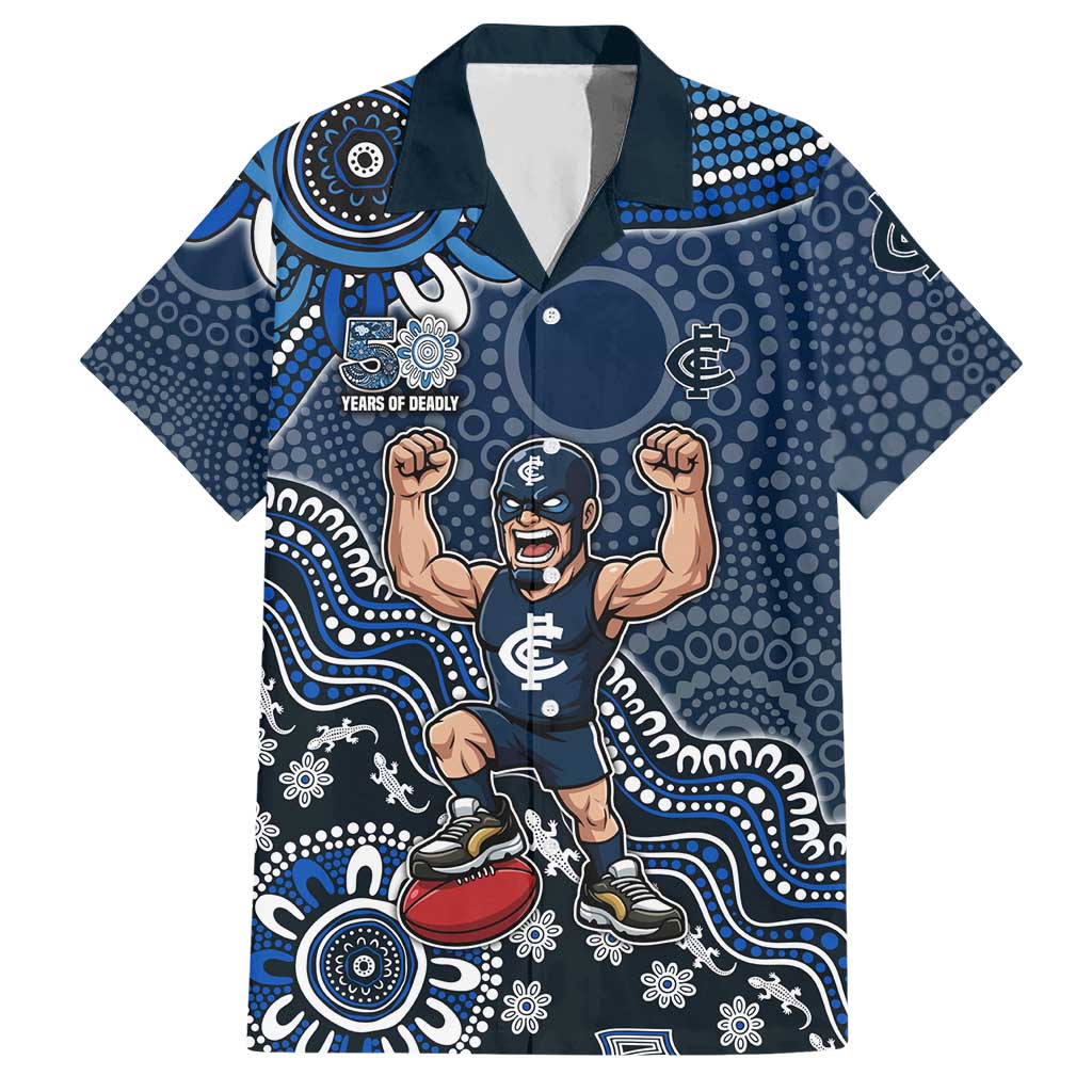 Personalized Carlton Blues Football Mascot Hawaiian Shirt Aboriginal Dot Art Style Vibrant Indigenous Pattern Design