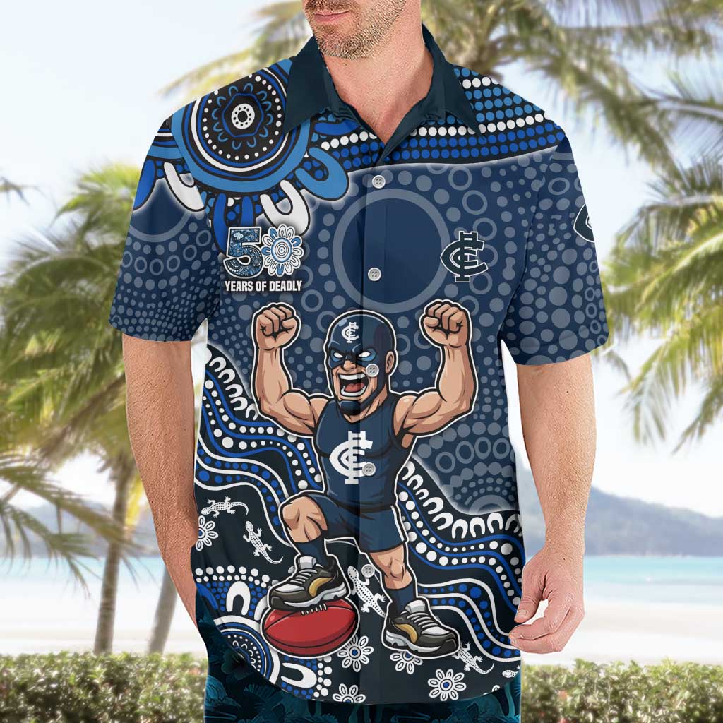 Personalized Carlton Blues Football Mascot Hawaiian Shirt Aboriginal Dot Art Style Vibrant Indigenous Pattern Design