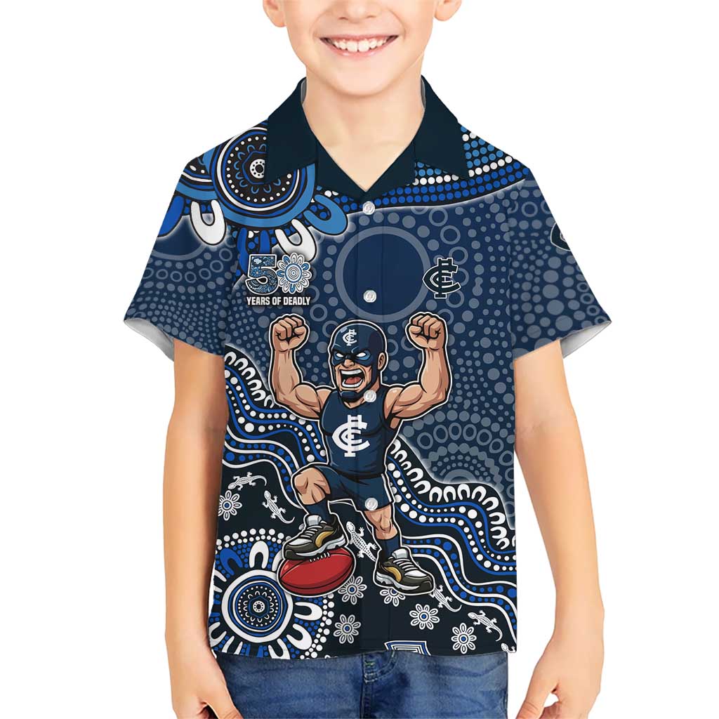 Personalized Carlton Blues Football Mascot Hawaiian Shirt Aboriginal Dot Art Style Vibrant Indigenous Pattern Design