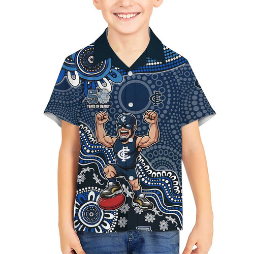 Personalized Carlton Blues Football Mascot Hawaiian Shirt Aboriginal Dot Art Style Vibrant Indigenous Pattern Design