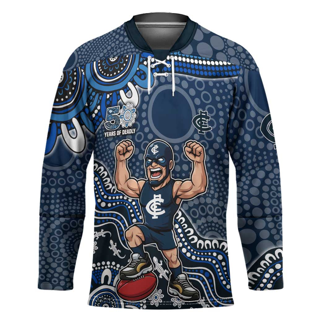 Personalized Carlton Blues Football Mascot Hockey Jersey Aboriginal Dot Art Style Vibrant Indigenous Pattern Design