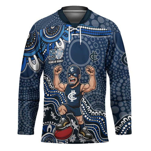 Personalized Carlton Blues Football Mascot Hockey Jersey Aboriginal Dot Art Style Vibrant Indigenous Pattern Design