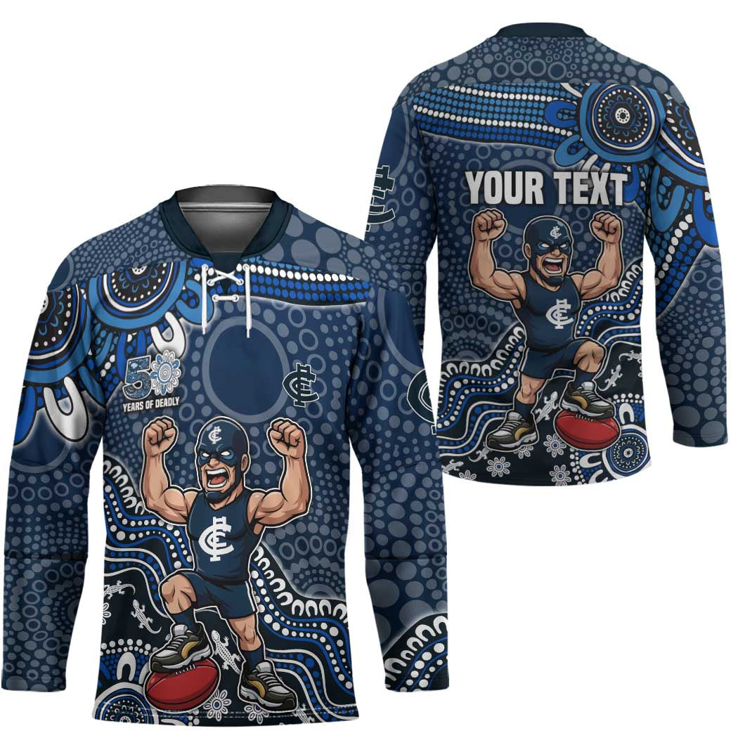 Personalized Carlton Blues Football Mascot Hockey Jersey Aboriginal Dot Art Style Vibrant Indigenous Pattern Design