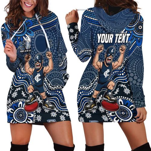 Personalized Carlton Blues Football Mascot Hoodie Dress Aboriginal Dot Art Style Vibrant Indigenous Pattern Design