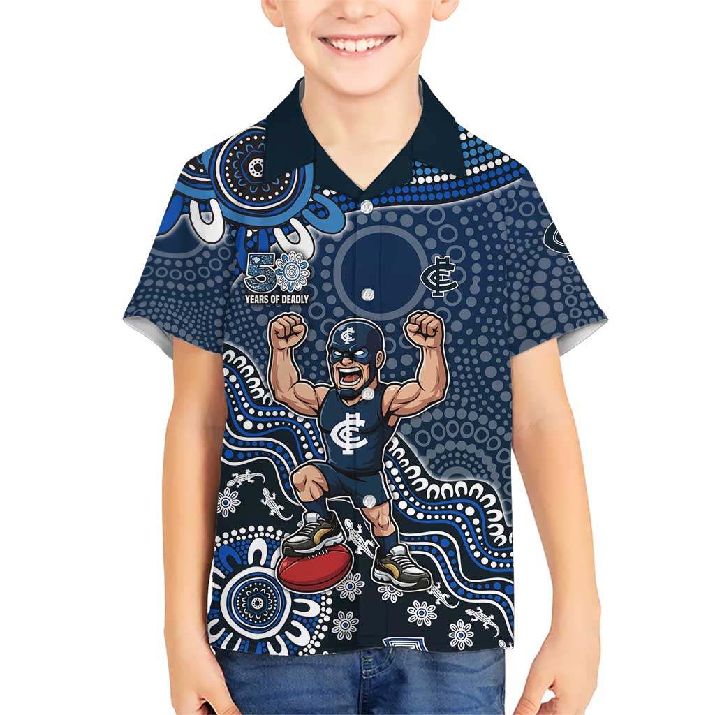 Personalized Carlton Blues Football Mascot Kid Hawaiian Shirt Aboriginal Dot Art Style Vibrant Indigenous Pattern Design