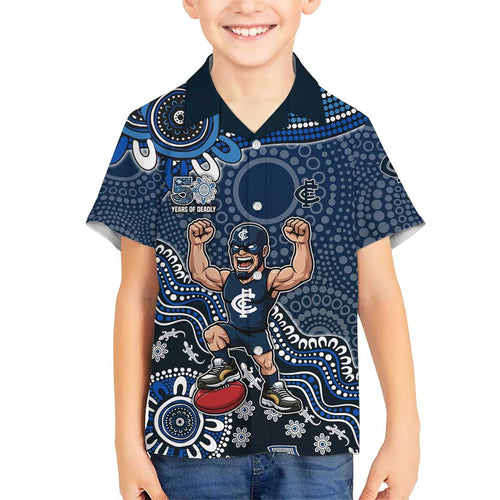 Personalized Carlton Blues Football Mascot Kid Hawaiian Shirt Aboriginal Dot Art Style Vibrant Indigenous Pattern Design