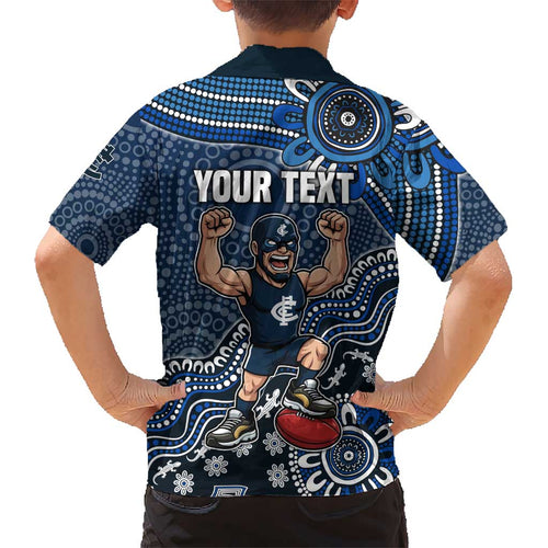 Personalized Carlton Blues Football Mascot Kid Hawaiian Shirt Aboriginal Dot Art Style Vibrant Indigenous Pattern Design