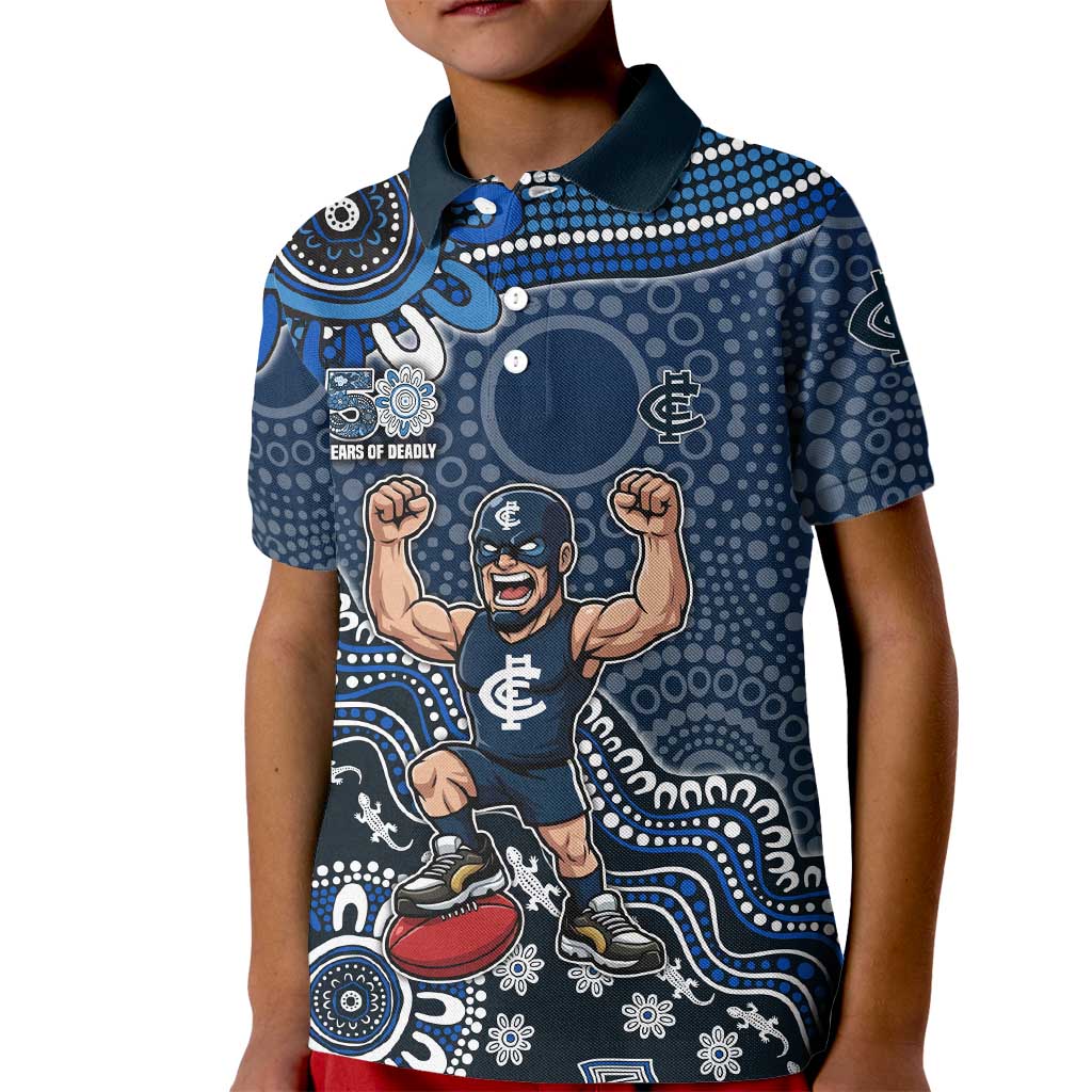Personalized Carlton Blues Football Mascot Kid Polo Shirt Aboriginal Dot Art Style Vibrant Indigenous Pattern Design