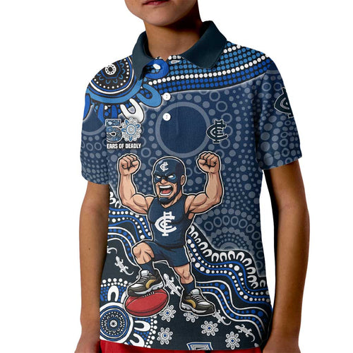 Personalized Carlton Blues Football Mascot Kid Polo Shirt Aboriginal Dot Art Style Vibrant Indigenous Pattern Design