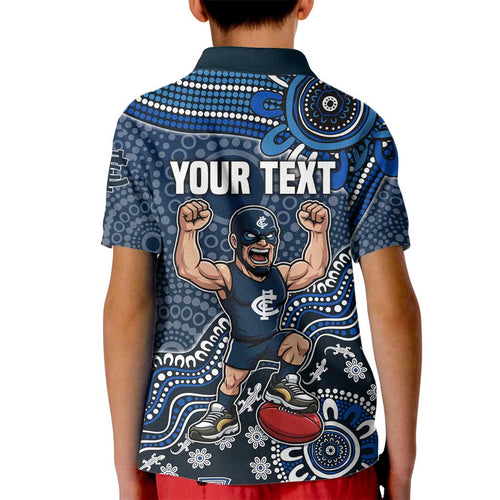 Personalized Carlton Blues Football Mascot Kid Polo Shirt Aboriginal Dot Art Style Vibrant Indigenous Pattern Design