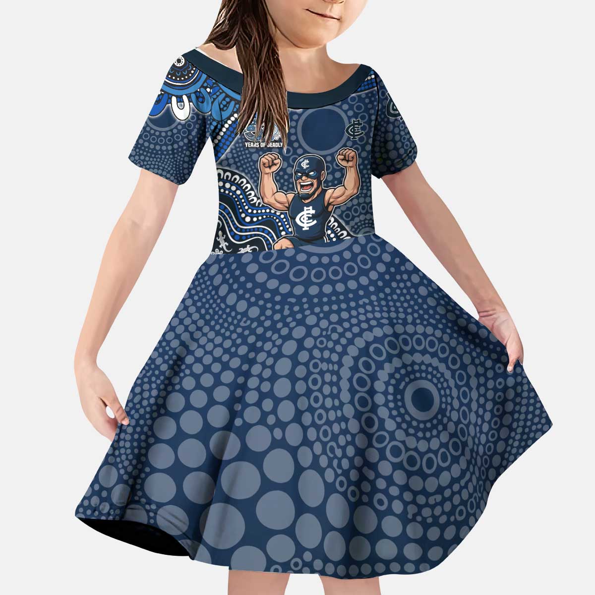 Personalized Carlton Blues Football Mascot Kid Short Sleeve Dress Aboriginal Dot Art Style Vibrant Indigenous Pattern Design
