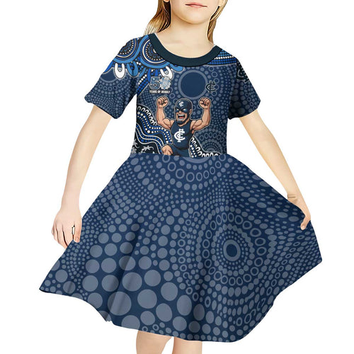 Personalized Carlton Blues Football Mascot Kid Short Sleeve Dress Aboriginal Dot Art Style Vibrant Indigenous Pattern Design