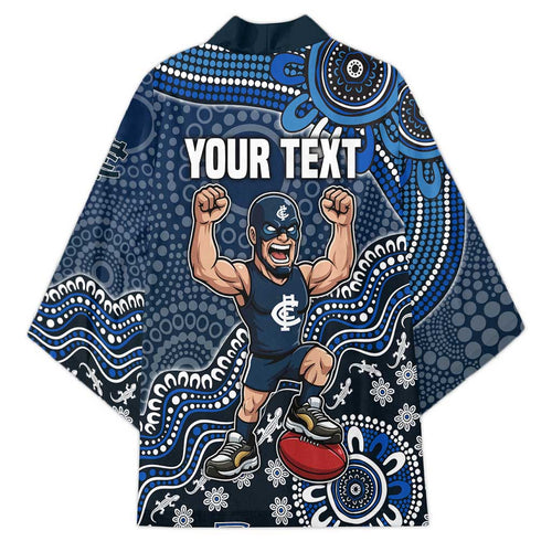 Personalized Carlton Blues Football Mascot Kimono Aboriginal Dot Art Style Vibrant Indigenous Pattern Design