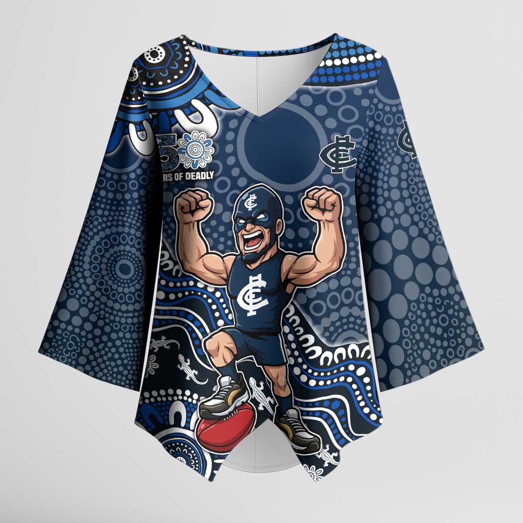 Personalized Carlton Blues Football Mascot Kimono Sleeve Blouse Aboriginal Dot Art Style Vibrant Indigenous Pattern Design