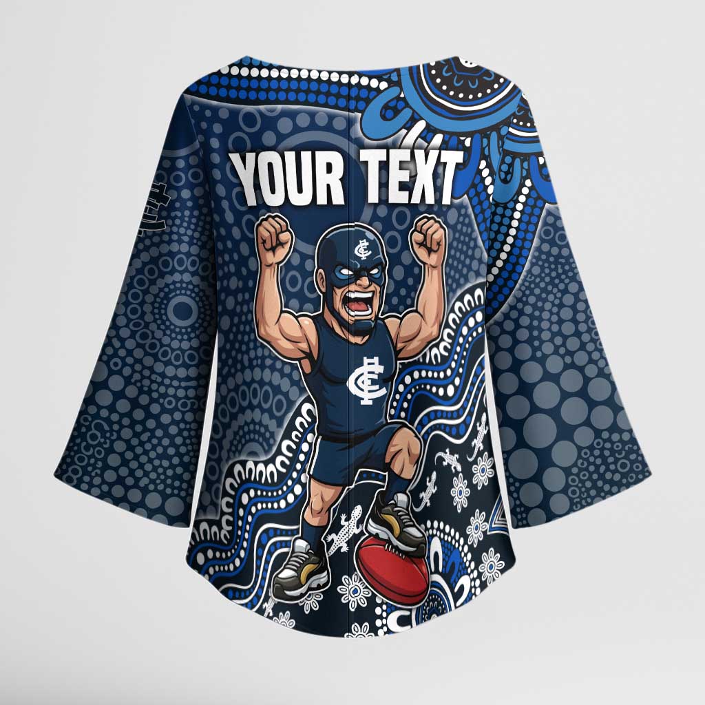 Personalized Carlton Blues Football Mascot Kimono Sleeve Blouse Aboriginal Dot Art Style Vibrant Indigenous Pattern Design
