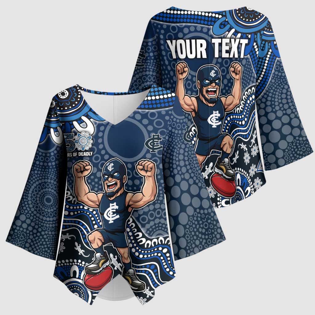 Personalized Carlton Blues Football Mascot Kimono Sleeve Blouse Aboriginal Dot Art Style Vibrant Indigenous Pattern Design