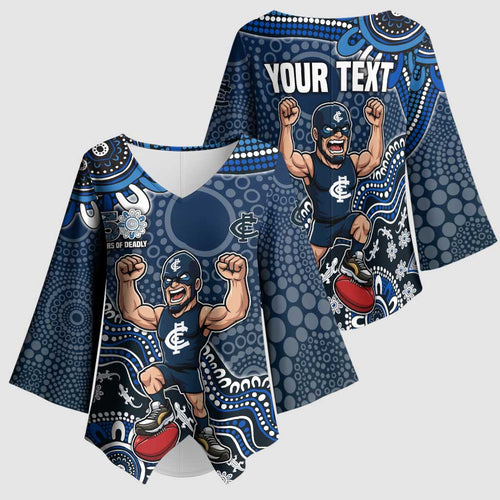 Personalized Carlton Blues Football Mascot Kimono Sleeve Blouse Aboriginal Dot Art Style Vibrant Indigenous Pattern Design