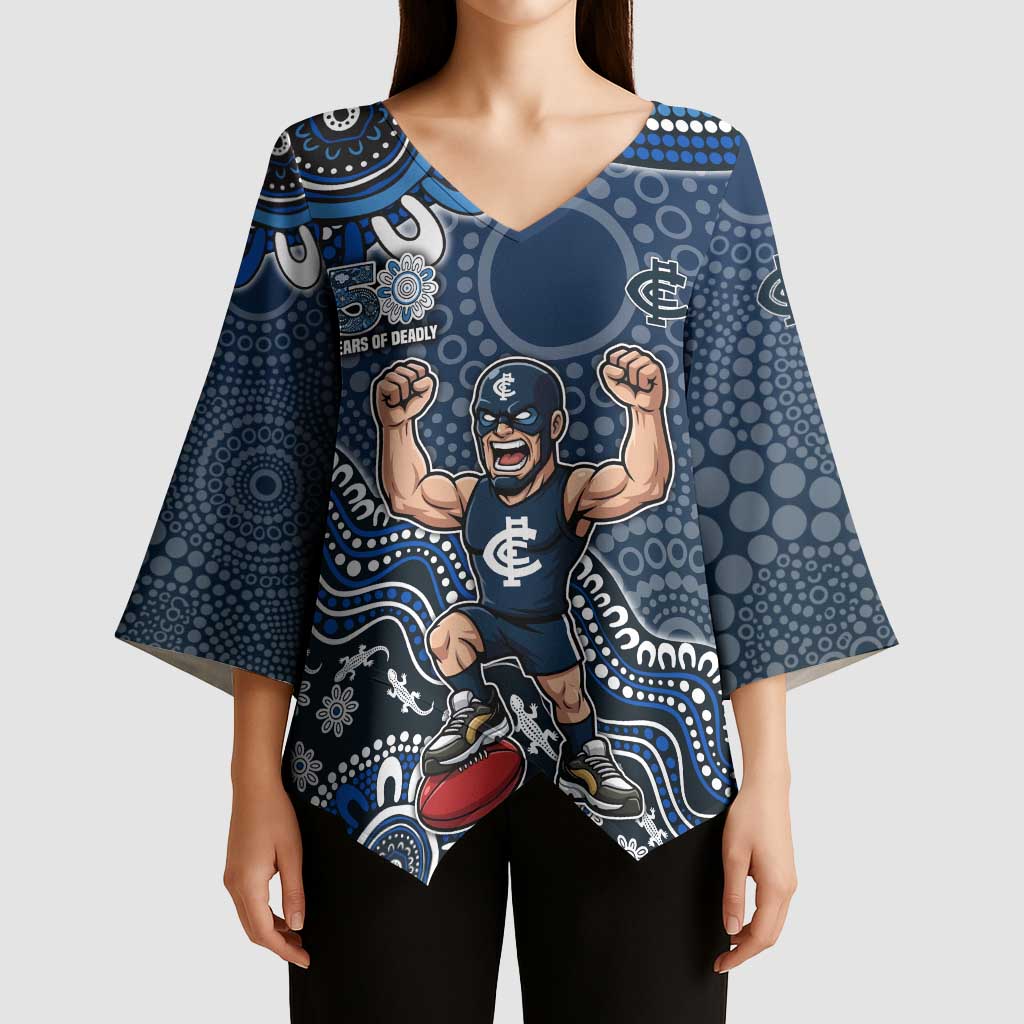Personalized Carlton Blues Football Mascot Kimono Sleeve Blouse Aboriginal Dot Art Style Vibrant Indigenous Pattern Design