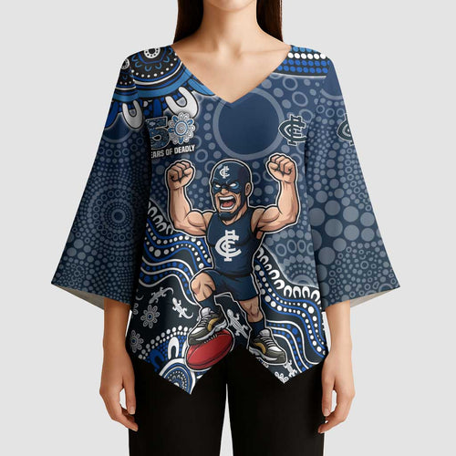Personalized Carlton Blues Football Mascot Kimono Sleeve Blouse Aboriginal Dot Art Style Vibrant Indigenous Pattern Design