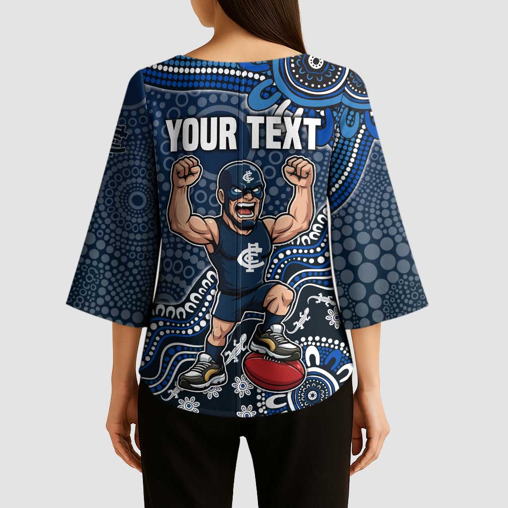 Personalized Carlton Blues Football Mascot Kimono Sleeve Blouse Aboriginal Dot Art Style Vibrant Indigenous Pattern Design
