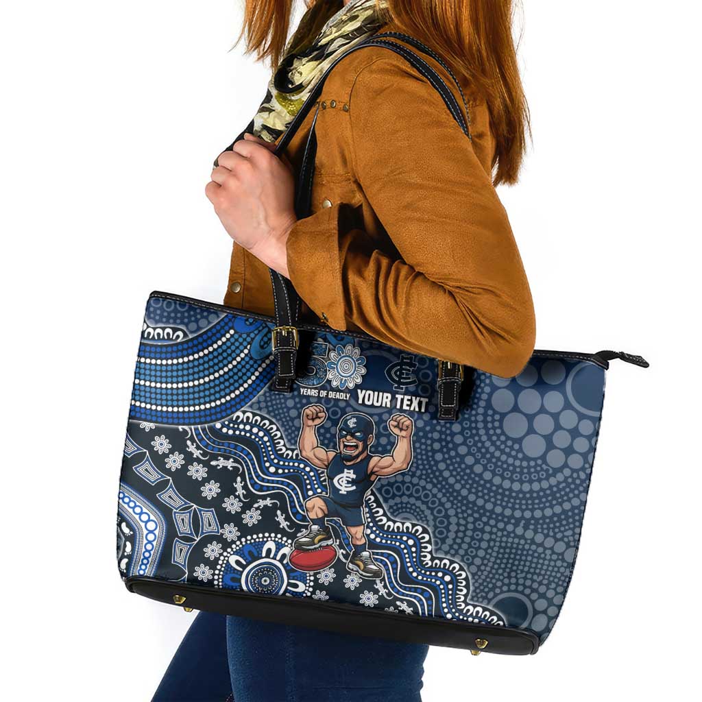 Personalized Carlton Blues Football Mascot Leather Tote Bag Aboriginal Dot Art Style Vibrant Indigenous Pattern Design