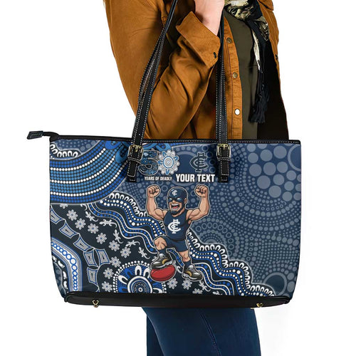 Personalized Carlton Blues Football Mascot Leather Tote Bag Aboriginal Dot Art Style Vibrant Indigenous Pattern Design