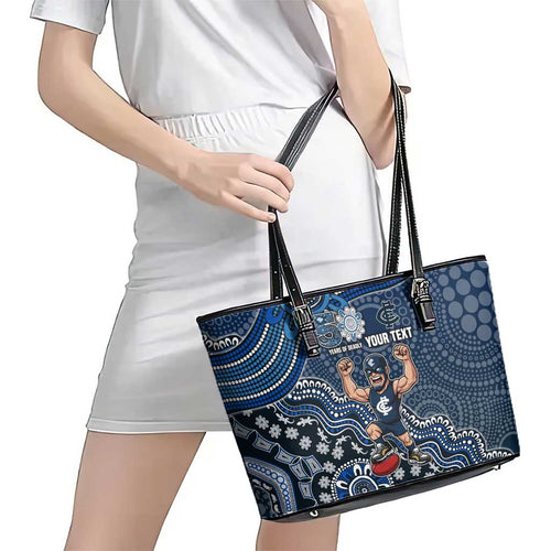 Personalized Carlton Blues Football Mascot Leather Tote Bag Aboriginal Dot Art Style Vibrant Indigenous Pattern Design