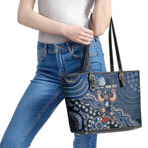 Personalized Carlton Blues Football Mascot Leather Tote Bag Aboriginal Dot Art Style Vibrant Indigenous Pattern Design