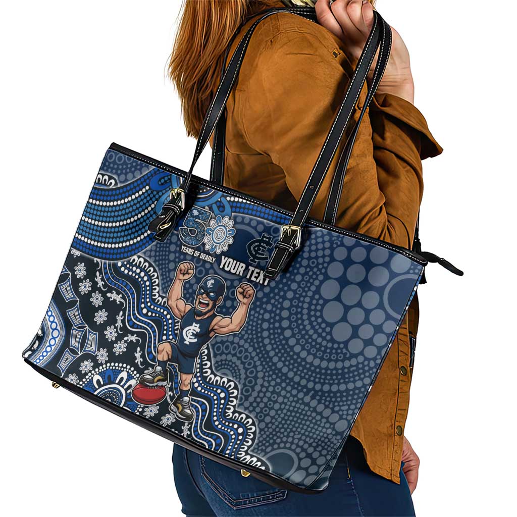 Personalized Carlton Blues Football Mascot Leather Tote Bag Aboriginal Dot Art Style Vibrant Indigenous Pattern Design