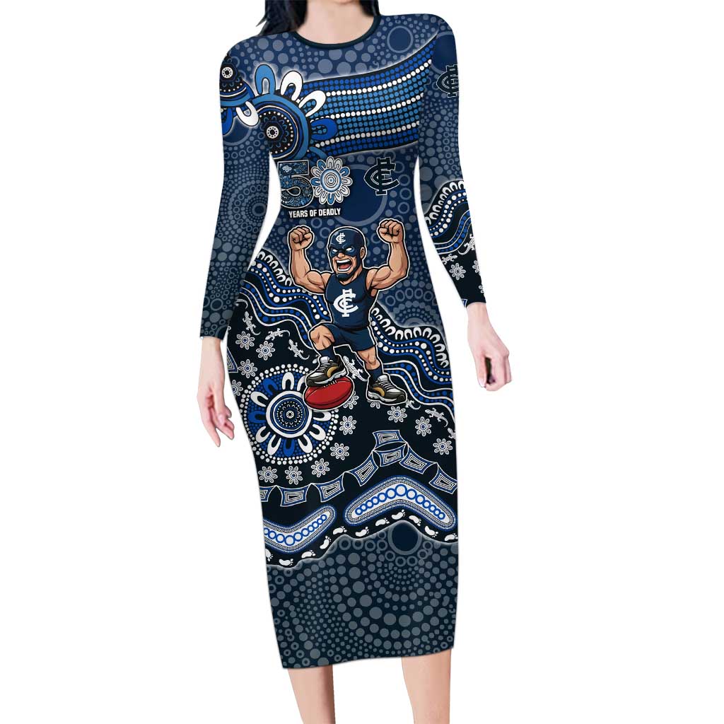 Personalized Carlton Blues Football Mascot Long Sleeve Bodycon Dress Aboriginal Dot Art Style Vibrant Indigenous Pattern Design