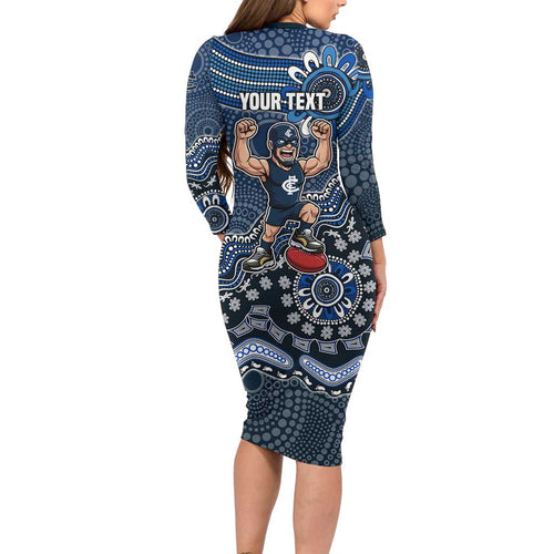 Personalized Carlton Blues Football Mascot Long Sleeve Bodycon Dress Aboriginal Dot Art Style Vibrant Indigenous Pattern Design