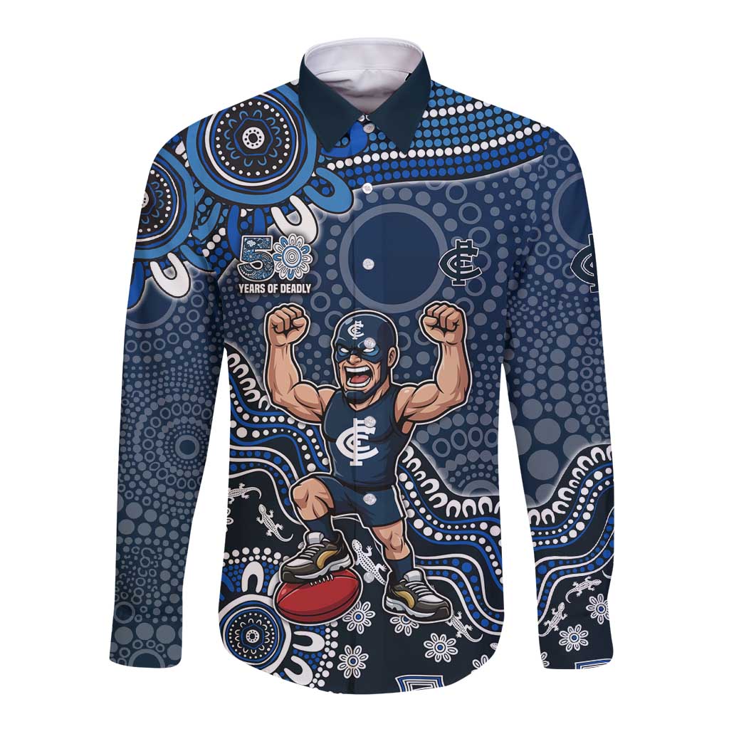Personalized Carlton Blues Football Mascot Long Sleeve Button Shirt Aboriginal Dot Art Style Vibrant Indigenous Pattern Design