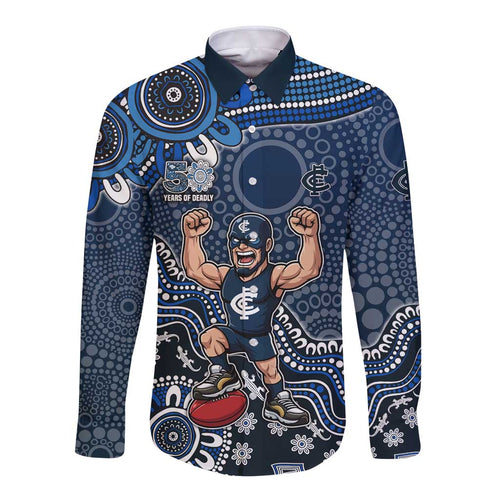 Personalized Carlton Blues Football Mascot Long Sleeve Button Shirt Aboriginal Dot Art Style Vibrant Indigenous Pattern Design