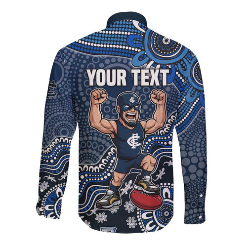 Personalized Carlton Blues Football Mascot Long Sleeve Button Shirt Aboriginal Dot Art Style Vibrant Indigenous Pattern Design