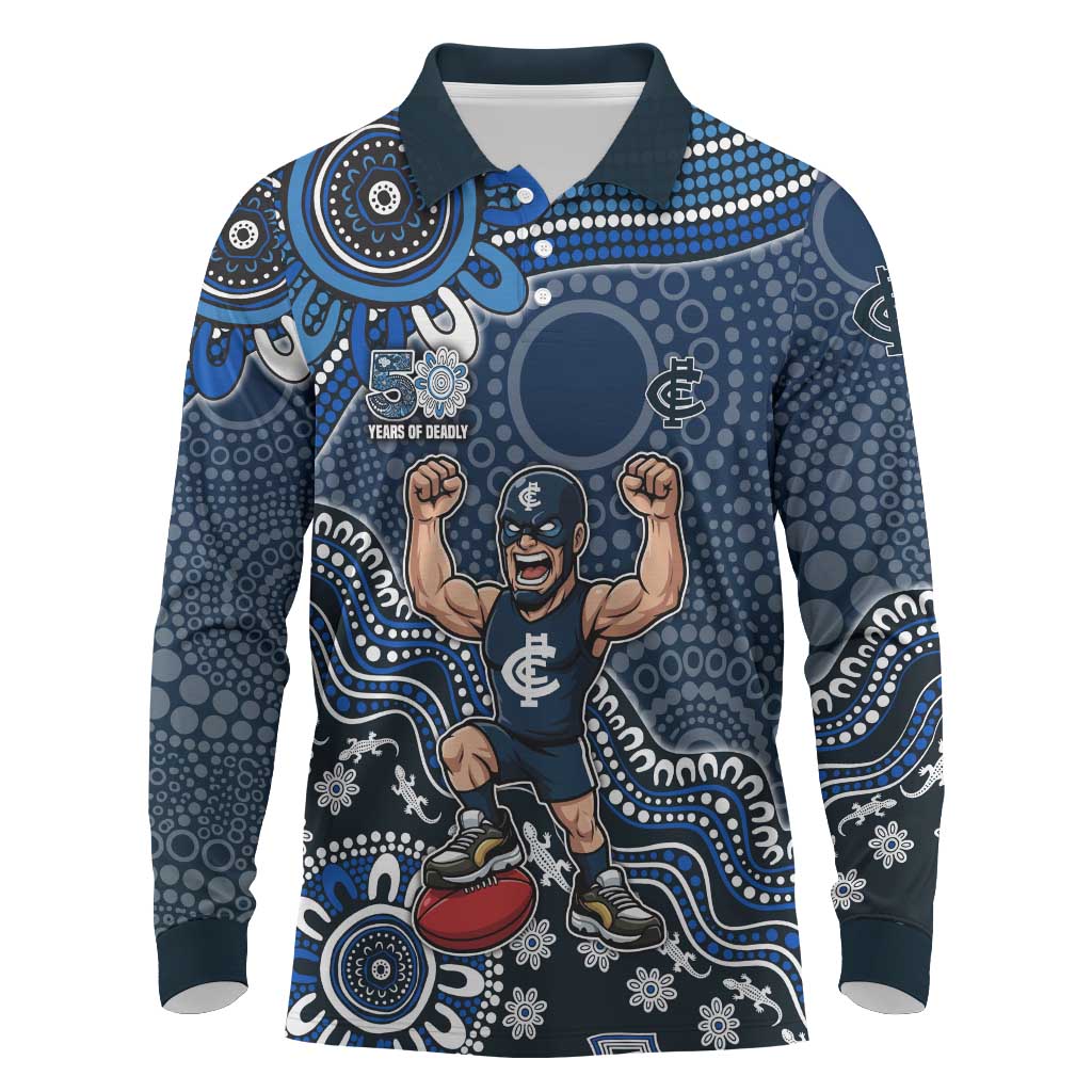 Personalized Carlton Blues Football Mascot Long Sleeve Polo Shirt Aboriginal Dot Art Style Vibrant Indigenous Pattern Design