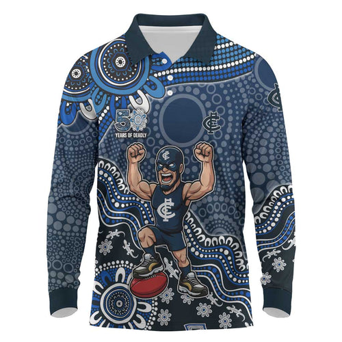 Personalized Carlton Blues Football Mascot Long Sleeve Polo Shirt Aboriginal Dot Art Style Vibrant Indigenous Pattern Design