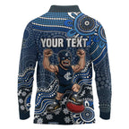 Personalized Carlton Blues Football Mascot Long Sleeve Polo Shirt Aboriginal Dot Art Style Vibrant Indigenous Pattern Design