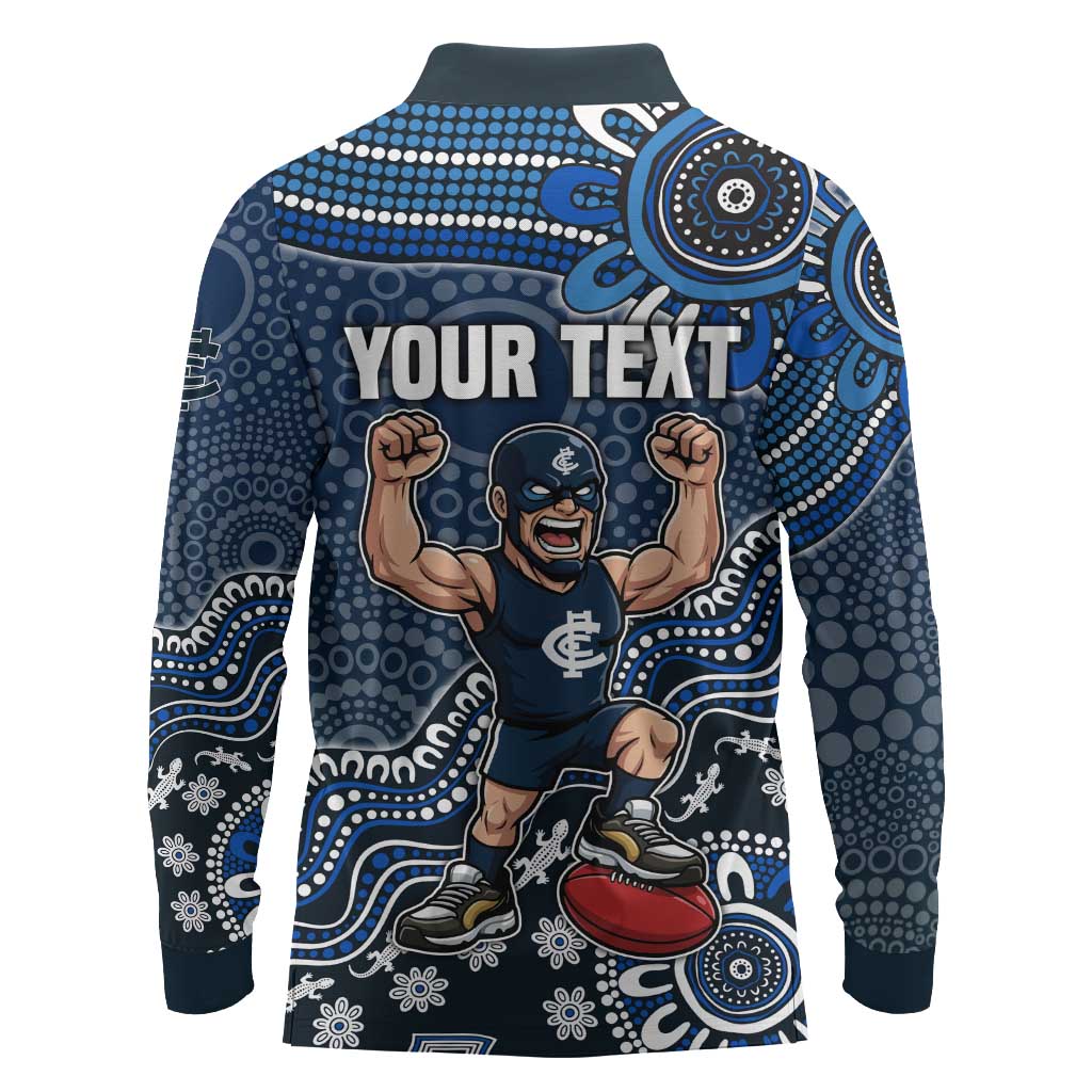 Personalized Carlton Blues Football Mascot Long Sleeve Polo Shirt Aboriginal Dot Art Style Vibrant Indigenous Pattern Design