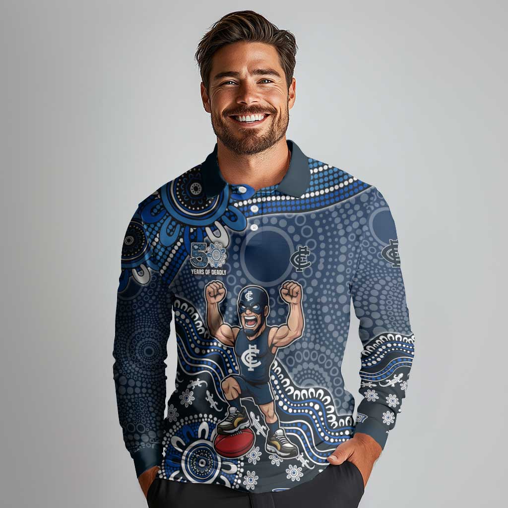 Personalized Carlton Blues Football Mascot Long Sleeve Polo Shirt Aboriginal Dot Art Style Vibrant Indigenous Pattern Design