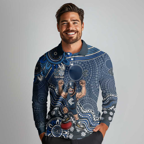 Personalized Carlton Blues Football Mascot Long Sleeve Polo Shirt Aboriginal Dot Art Style Vibrant Indigenous Pattern Design