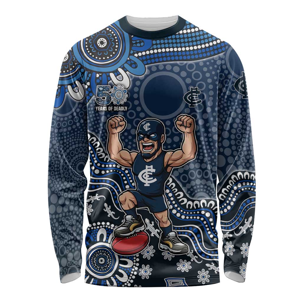 Personalized Carlton Blues Football Mascot Long Sleeve Shirt Aboriginal Dot Art Style Vibrant Indigenous Pattern Design